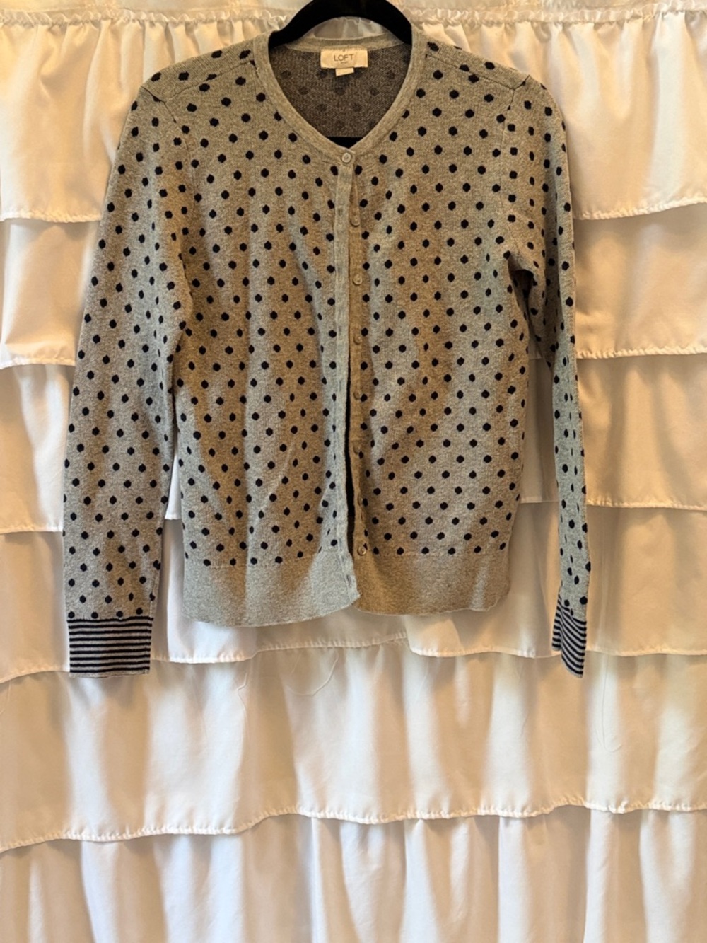 LOFT Gray Cardigan with Navy Polka Dots